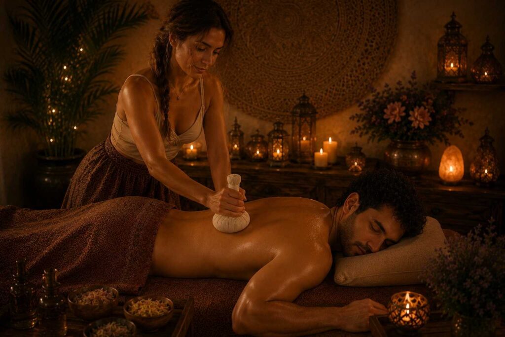 Masajista realizando masaje relajante con pinda herbal en Cali
