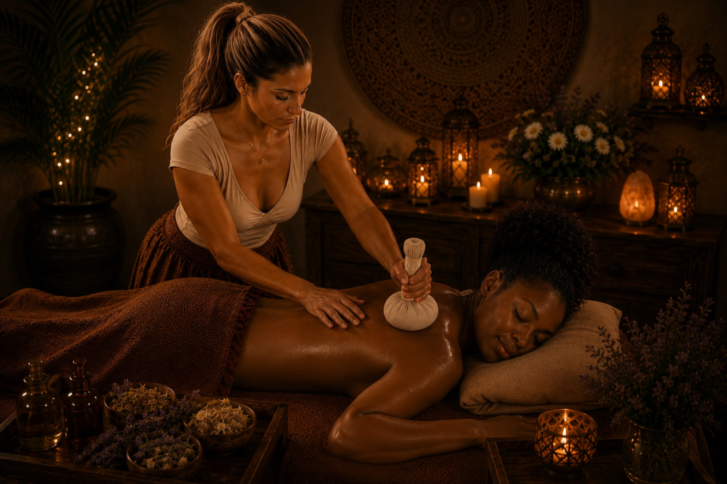 Mujer recibiendo masaje pinda herbal relajante en Cali con compresa herbal caliente