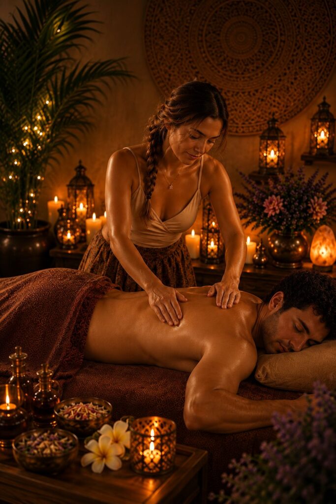 Masaje Pinda Herbal en Cali realizado con compresa herbal en espalda